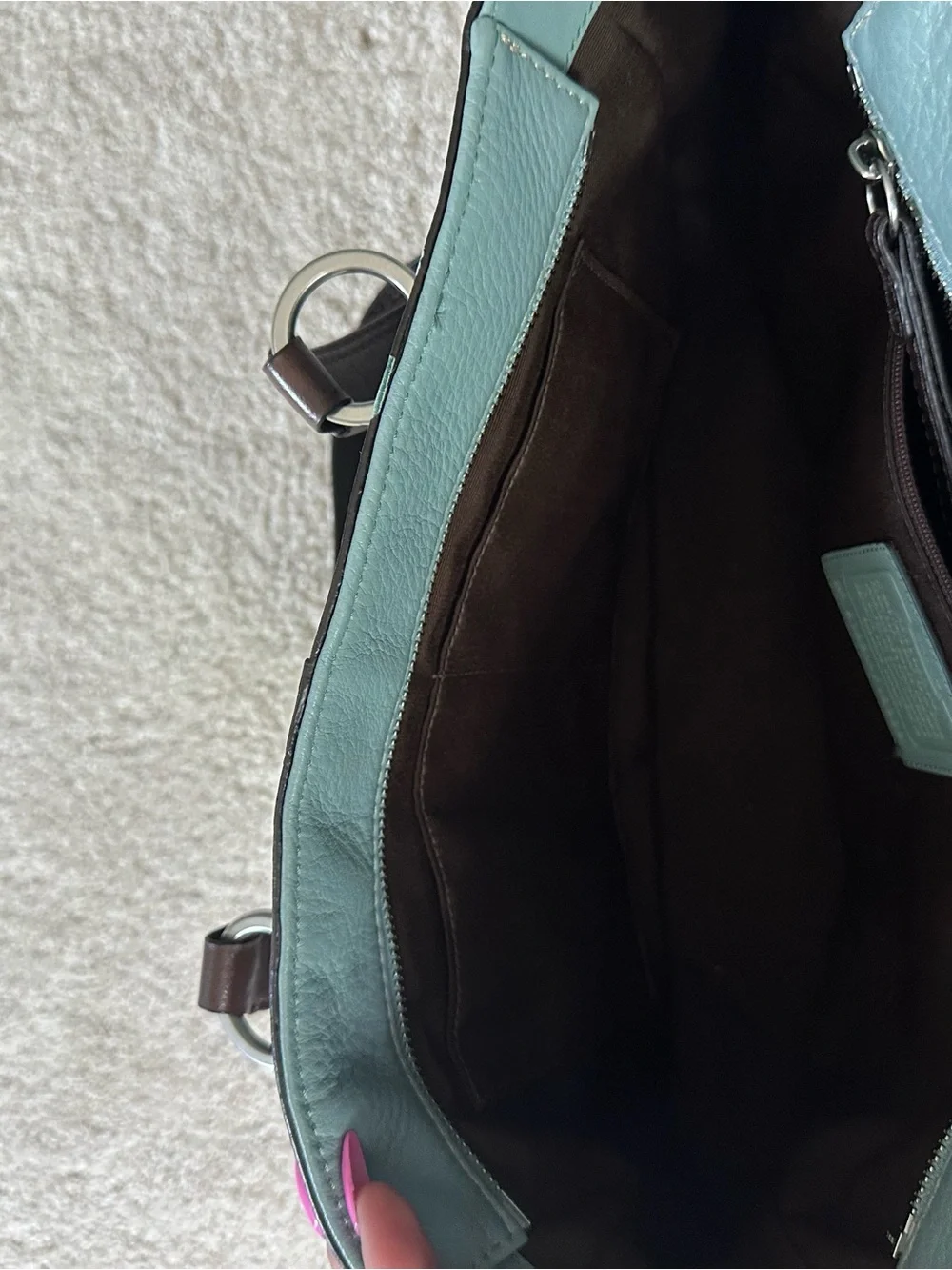 Coach Green Leather Shoulder Bag with Dark Brown Accents